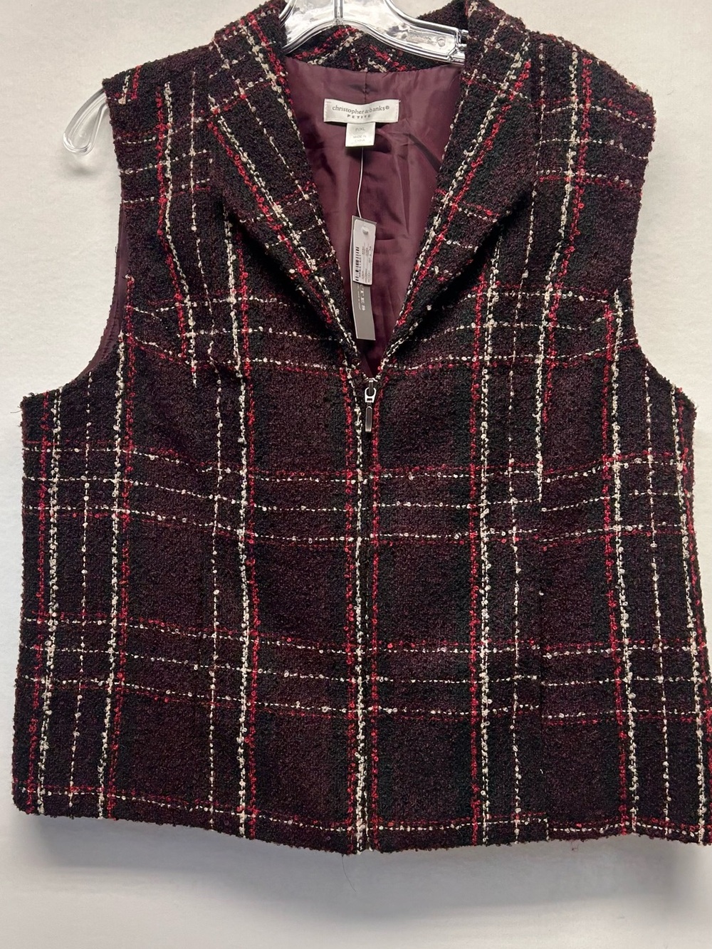 Christopher & Banks Burgundy Plaid Tweed Zip Vest